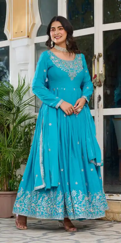 SP 08 Blue Color American Silk Gown with Designer Work. Exclusive Offer ₹2149. Delivery 4-6 Working Days. Online Shop now. | Bollywood Gowns, Creative Gowns, Designer Gowns, Embroidered Gowns, Gowns, Party Wear Gowns