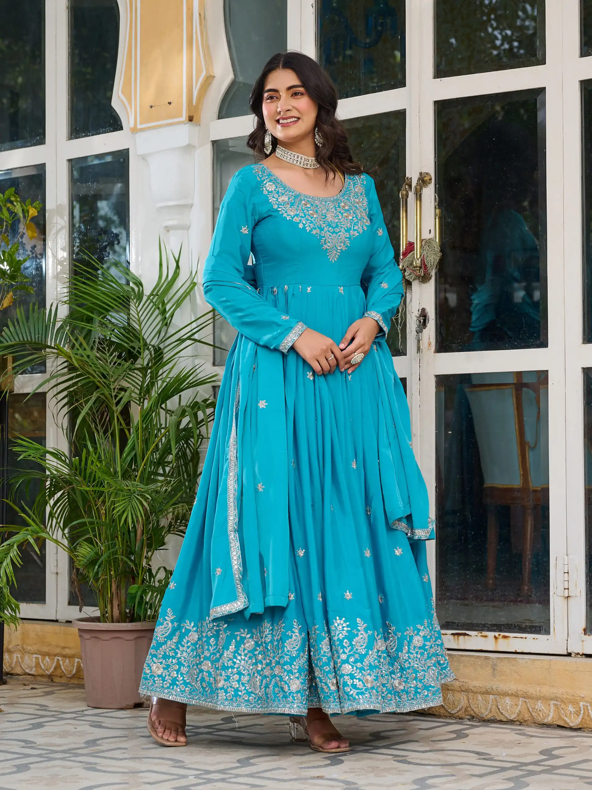 SP 08 Blue Color American Silk Gown with Designer Work. Exclusive Offer ₹2149. Delivery 4-6 Working Days. Online Shop now. | Bollywood Gowns, Creative Gowns, Designer Gowns, Embroidered Gowns, Gowns, Party Wear Gowns