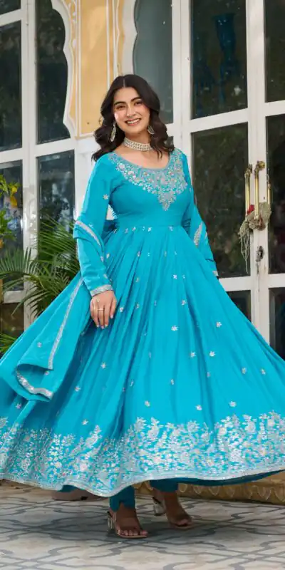 SP 08 Blue Color American Silk Gown with Designer Work. Exclusive Offer ₹2149. Delivery 4-6 Working Days. Online Shop now. | Bollywood Gowns, Creative Gowns, Designer Gowns, Embroidered Gowns, Gowns, Party Wear Gowns