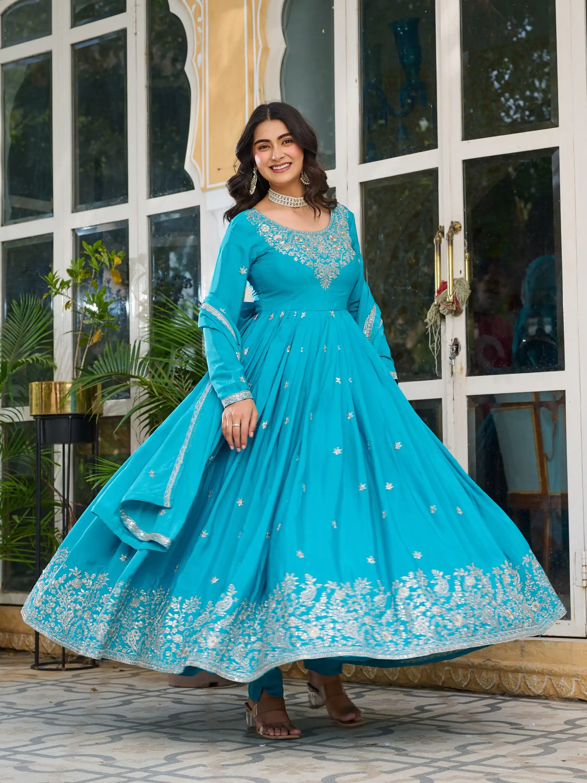 SP 08 Blue Color American Silk Gown with Designer Work. Exclusive Offer ₹2149. Delivery 4-6 Working Days. Online Shop now. | Bollywood Gowns, Creative Gowns, Designer Gowns, Embroidered Gowns, Gowns, Party Wear Gowns