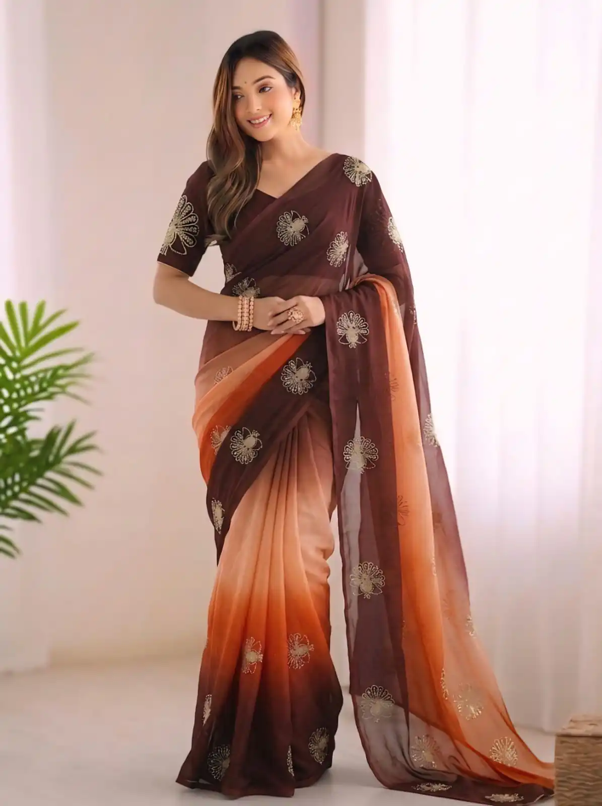 SC 1052 Brown Fendy Silk Saree Perfect for Wedding, Party, Baby Shower, Pongal, Housewarming – . Available at ₹1799 only. Delivery 4-6 Working Days. | Creative Sarees, Bollywood Sarees, Designer Sarees, Embroidered Sarees, Ethnic Saree, Modern Digital sarees, Party Wear Sarees, Sarees