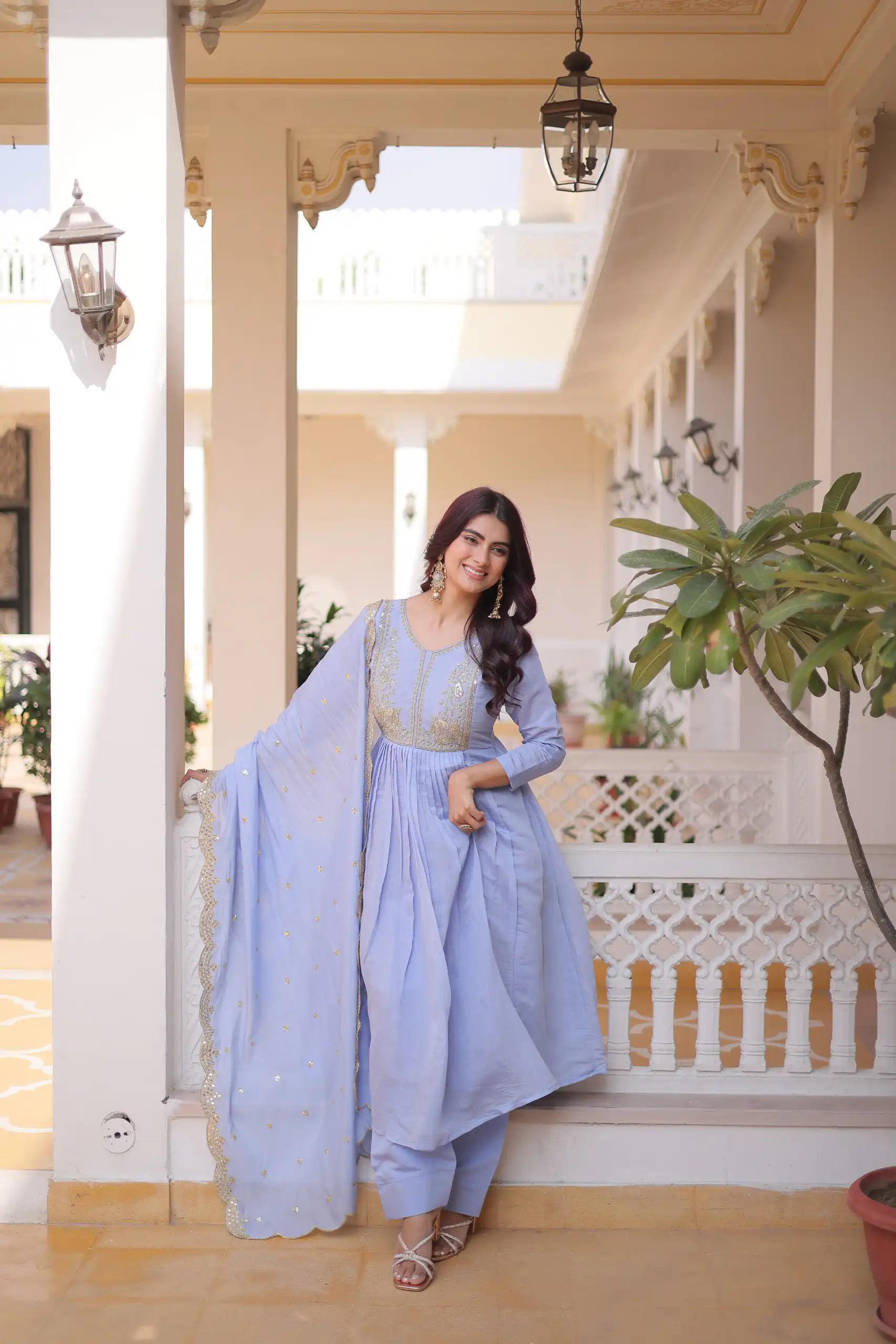 KA 1241 Lavender Roman Silk Gown. Perfect for Wedding, Party, Traditional Day, Sangeet, Pongal – Exclusive Offer ₹2599. Delivery 4-6 Working Days. Shop now | Bollywood Gowns, Creative Gowns, Designer Gowns, Embroidered Gowns, Gowns, Party Wear Gowns