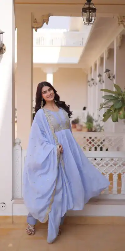 KA 1241 Lavender Roman Silk Gown. Perfect for Wedding, Party, Traditional Day, Sangeet, Pongal – Exclusive Offer ₹2599. Delivery 4-6 Working Days. Shop now | Bollywood Gowns, Creative Gowns, Designer Gowns, Embroidered Gowns, Gowns, Party Wear Gowns