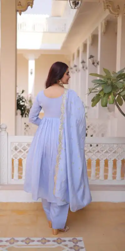 KA 1241 Lavender Roman Silk Gown. Perfect for Wedding, Party, Traditional Day, Sangeet, Pongal – Exclusive Offer ₹2599. Delivery 4-6 Working Days. Shop now | Bollywood Gowns, Creative Gowns, Designer Gowns, Embroidered Gowns, Gowns, Party Wear Gowns