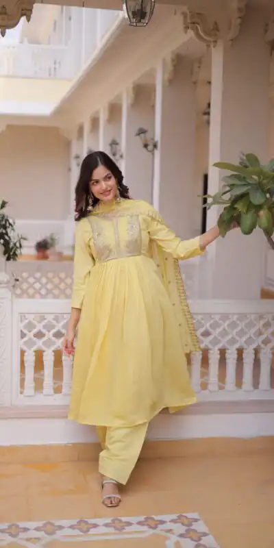 KA 1241 Lemon Yellow Roman Silk Gown. Perfect for Wedding, Party, Traditional Day, Sangeet, – Exclusive Offer ₹2599. Delivery 4-6 Working Days. Shop now | Bollywood Gowns, Creative Gowns, Designer Gowns, Embroidered Gowns, Gowns, Party Wear Gowns