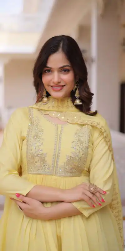 KA 1241 Lemon Yellow Roman Silk Gown. Perfect for Wedding, Party, Traditional Day, Sangeet, – Exclusive Offer ₹2599. Delivery 4-6 Working Days. Shop now | Bollywood Gowns, Creative Gowns, Designer Gowns, Embroidered Gowns, Gowns, Party Wear Gowns