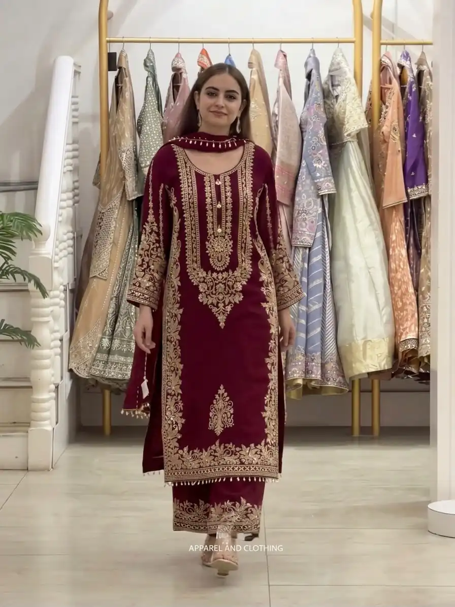 SR 1716 Maroon Colour Faux Georgette Salwar Suit with Lace Work. Introductory Price ₹2449. Delivery 4-6 Working Days. Shop now. | Casual Suits, Jump Suits, Creative suits, Designer Suits, Palazzo Suits, Party Wear Suits, Patiala Suits, Salwar suit, Straight Suits