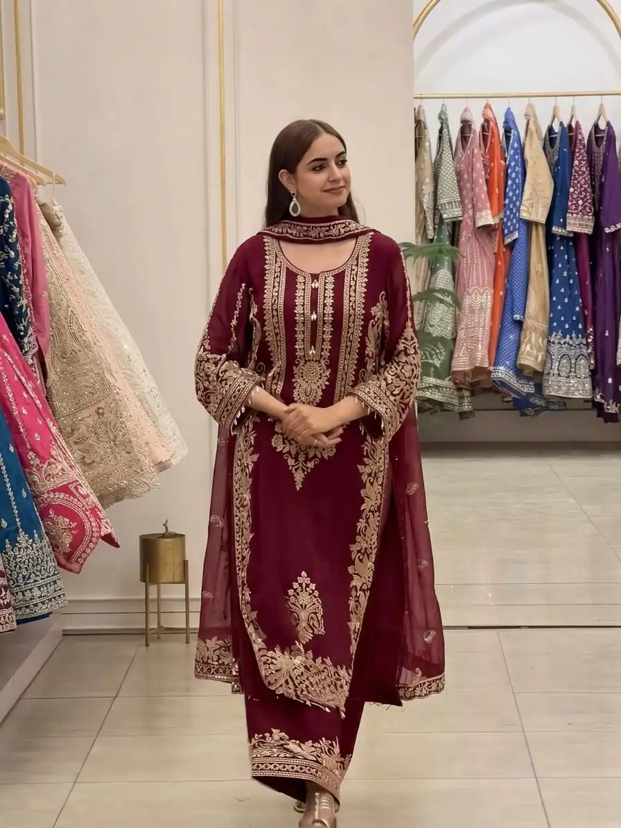 SR 1716 Maroon Colour Faux Georgette Salwar Suit with Lace Work. Introductory Price ₹2449. Delivery 4-6 Working Days. Shop now. | Casual Suits, Jump Suits, Creative suits, Designer Suits, Palazzo Suits, Party Wear Suits, Patiala Suits, Salwar suit, Straight Suits