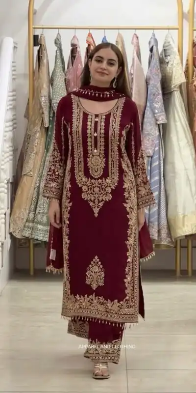 SR 1716 Maroon Colour Faux Georgette Salwar Suit with Lace Work. Introductory Price ₹2449. Delivery 4-6 Working Days. Shop now. | Casual Suits, Jump Suits, Creative suits, Designer Suits, Palazzo Suits, Party Wear Suits, Patiala Suits, Salwar suit, Straight Suits