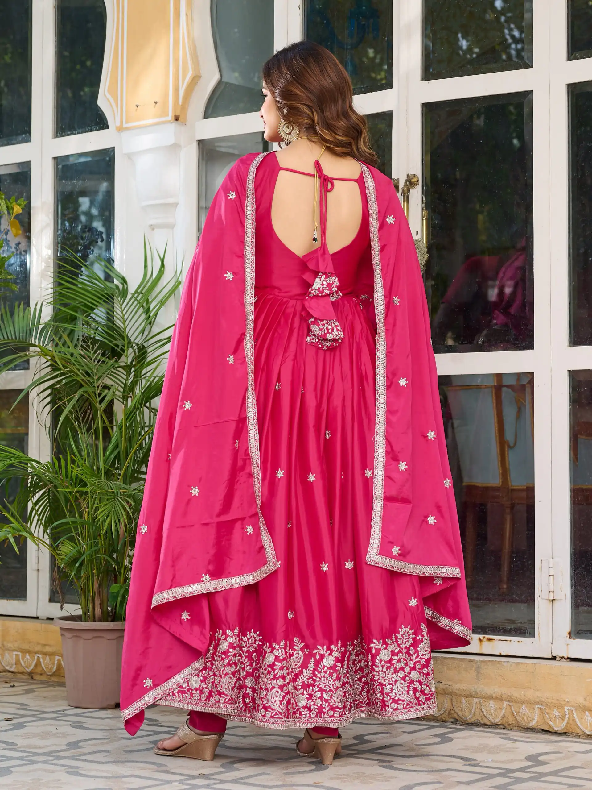 SP 08 Pink Color American Silk Gown with Designer Work. Exclusive Offer ₹2149. Delivery 4-6 Working Days. Online Shop now. | Bollywood Gowns, Creative Gowns, Designer Gowns, Embroidered Gowns, Gowns, Party Wear Gowns