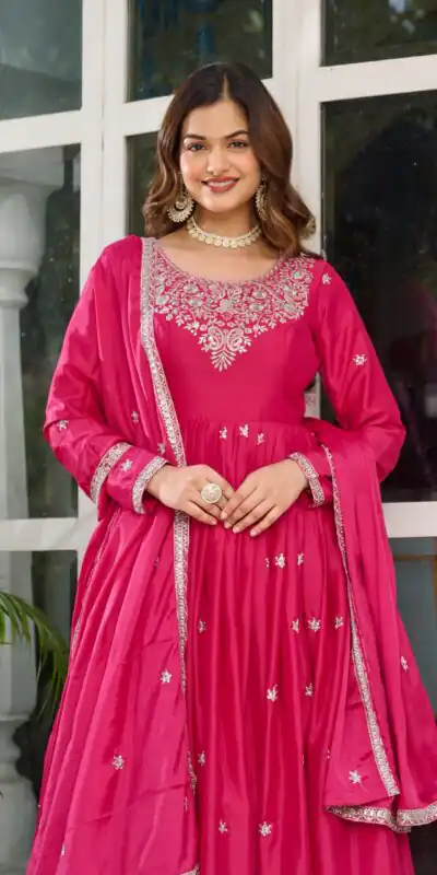 SP 08 Pink Color American Silk Gown with Designer Work. Exclusive Offer ₹2149. Delivery 4-6 Working Days. Online Shop now. | Bollywood Gowns, Creative Gowns, Designer Gowns, Embroidered Gowns, Gowns, Party Wear Gowns