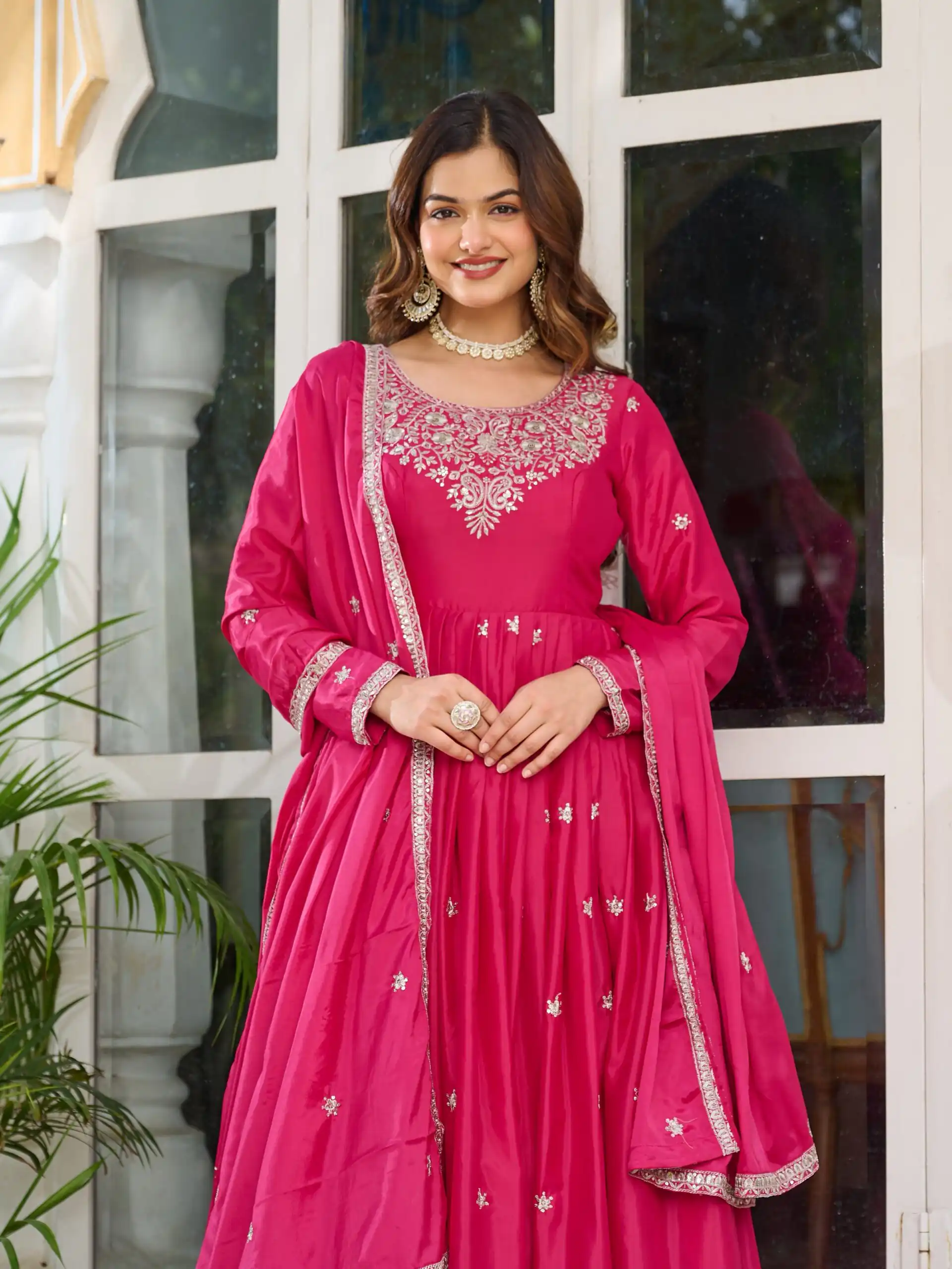 SP 08 Pink Color American Silk Gown with Designer Work. Exclusive Offer ₹2149. Delivery 4-6 Working Days. Online Shop now. | Bollywood Gowns, Creative Gowns, Designer Gowns, Embroidered Gowns, Gowns, Party Wear Gowns