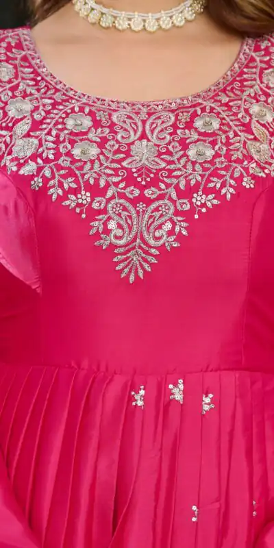 SP 08 Pink Color American Silk Gown with Designer Work. Exclusive Offer ₹2149. Delivery 4-6 Working Days. Online Shop now. | Bollywood Gowns, Creative Gowns, Designer Gowns, Embroidered Gowns, Gowns, Party Wear Gowns