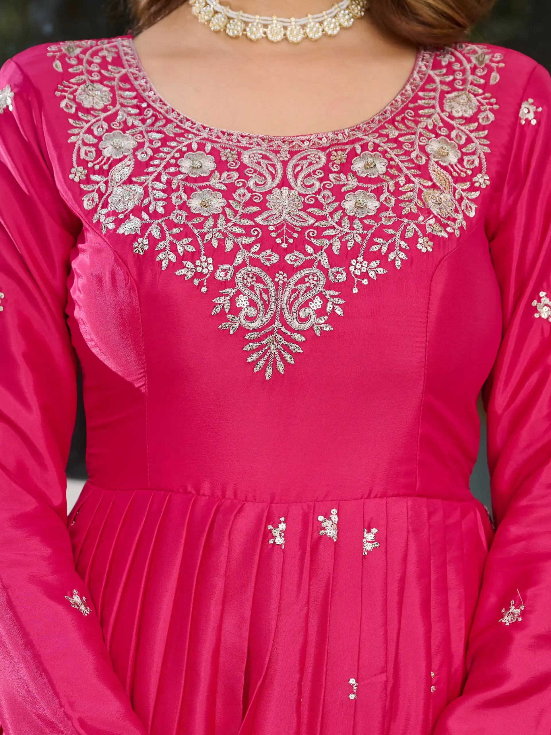 SP 08 Pink Color American Silk Gown with Designer Work. Exclusive Offer ₹2149. Delivery 4-6 Working Days. Online Shop now. | Bollywood Gowns, Creative Gowns, Designer Gowns, Embroidered Gowns, Gowns, Party Wear Gowns