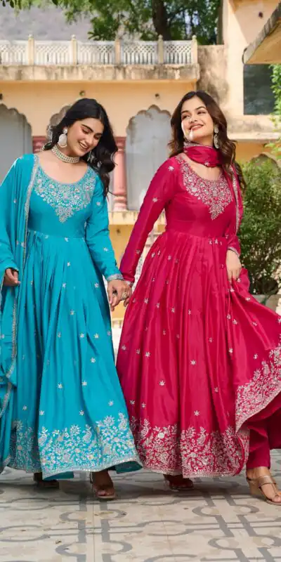 SP 08 Pink Color American Silk Gown with Designer Work. Exclusive Offer ₹2149. Delivery 4-6 Working Days. Online Shop now. | Bollywood Gowns, Creative Gowns, Designer Gowns, Embroidered Gowns, Gowns, Party Wear Gowns