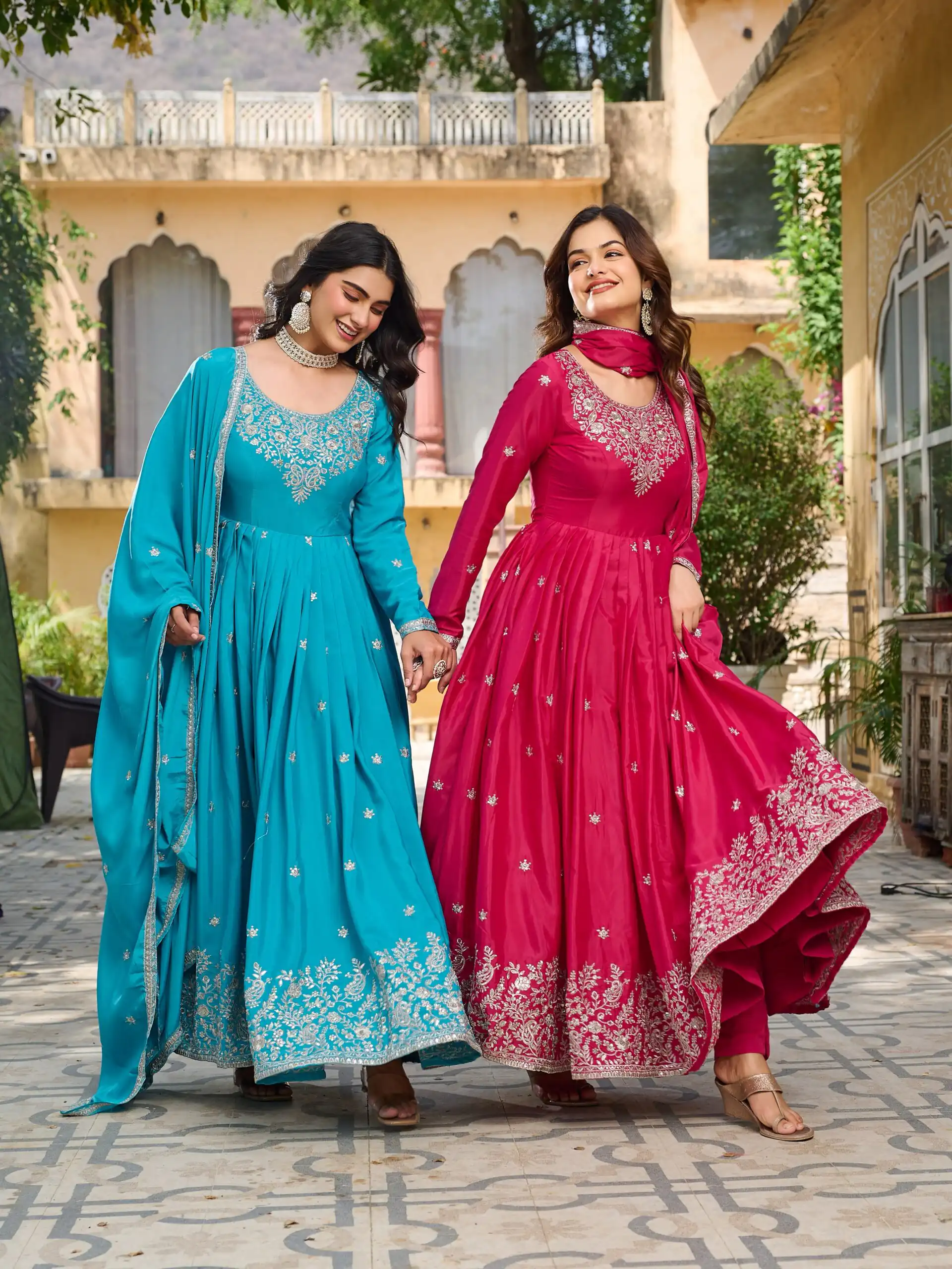 SP 08 Pink Color American Silk Gown with Designer Work. Exclusive Offer ₹2149. Delivery 4-6 Working Days. Online Shop now. | Bollywood Gowns, Creative Gowns, Designer Gowns, Embroidered Gowns, Gowns, Party Wear Gowns