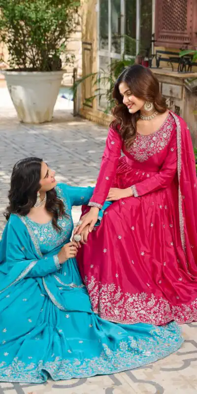 SP 08 Pink Color American Silk Gown with Designer Work. Exclusive Offer ₹2149. Delivery 4-6 Working Days. Online Shop now. | Bollywood Gowns, Creative Gowns, Designer Gowns, Embroidered Gowns, Gowns, Party Wear Gowns