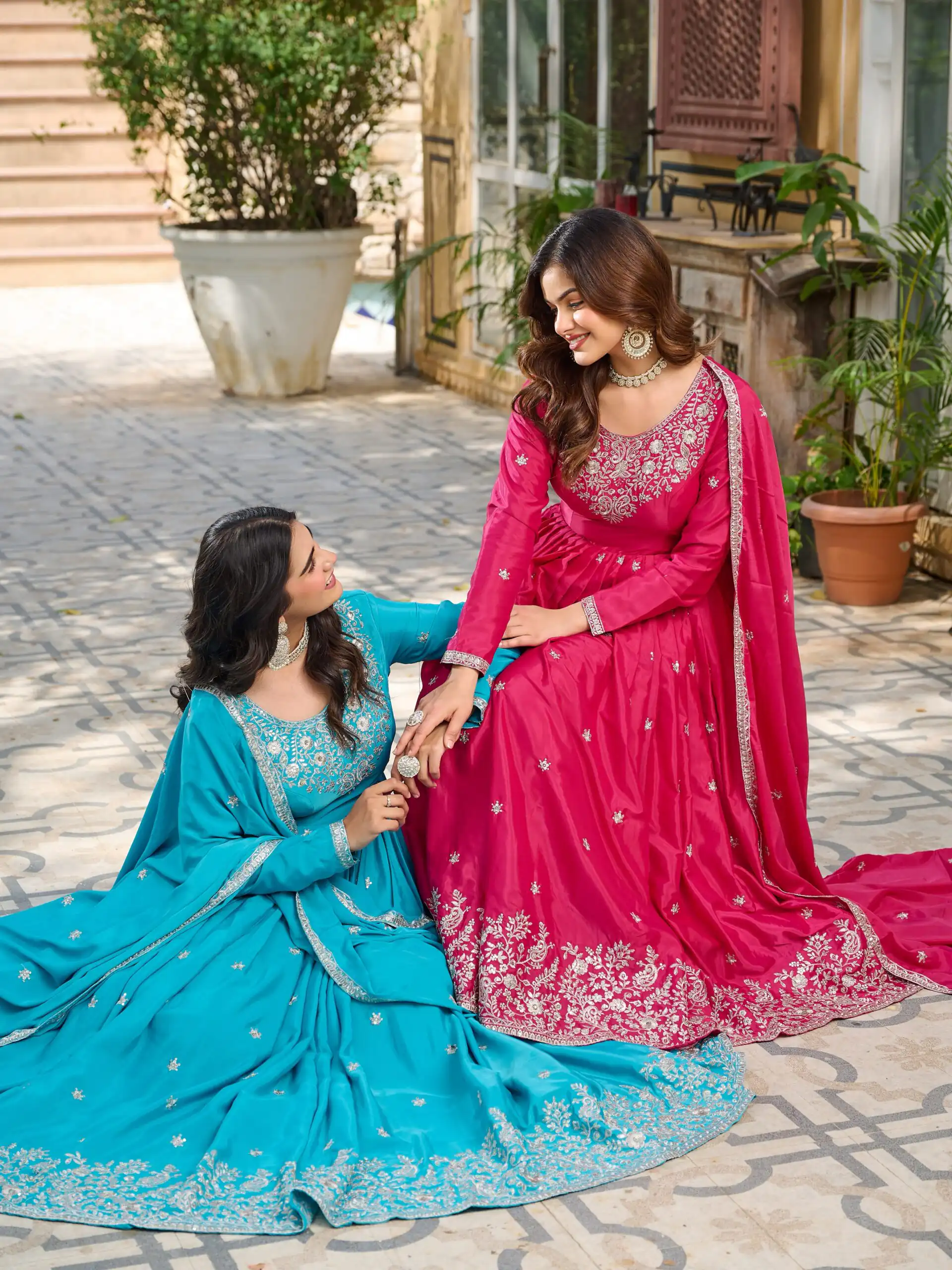 SP 08 Pink Color American Silk Gown with Designer Work. Exclusive Offer ₹2149. Delivery 4-6 Working Days. Online Shop now. | Bollywood Gowns, Creative Gowns, Designer Gowns, Embroidered Gowns, Gowns, Party Wear Gowns