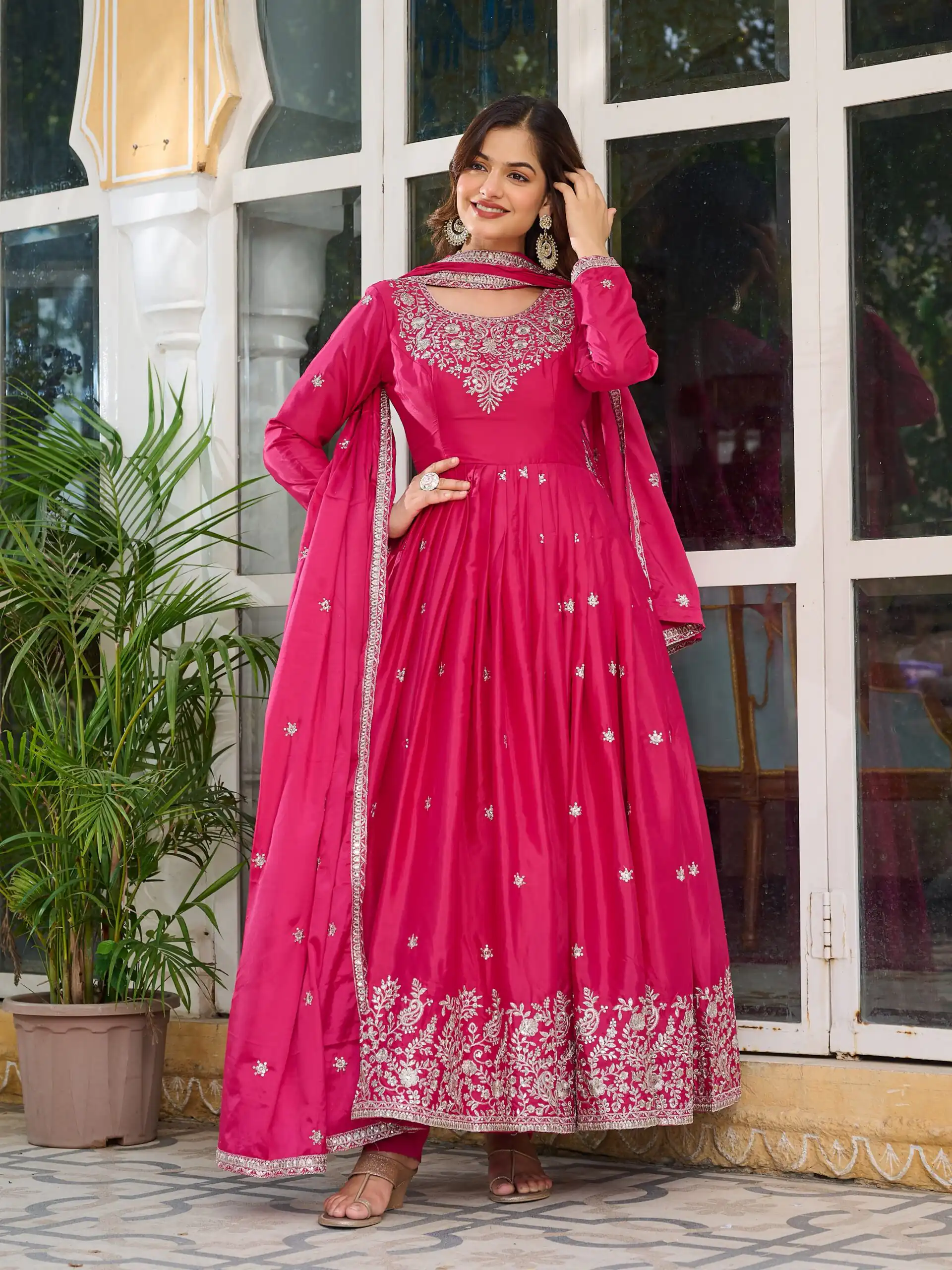 SP 08 Pink Color American Silk Gown with Designer Work. Exclusive Offer ₹2149. Delivery 4-6 Working Days. Online Shop now. | Bollywood Gowns, Creative Gowns, Designer Gowns, Embroidered Gowns, Gowns, Party Wear Gowns