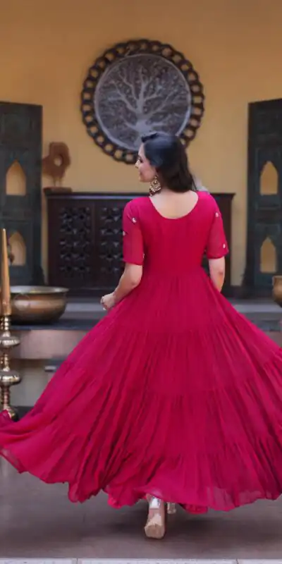 KA 1255 Pink Faux Blooming Gown with Embroidery Work & Zari Work. Available at ₹1719 only. Delivery 4-6 Working Days. Shop now. | Bollywood Gowns, Creative Gowns, Designer Gowns, Embroidered Gowns, Gowns, Party Wear Gowns