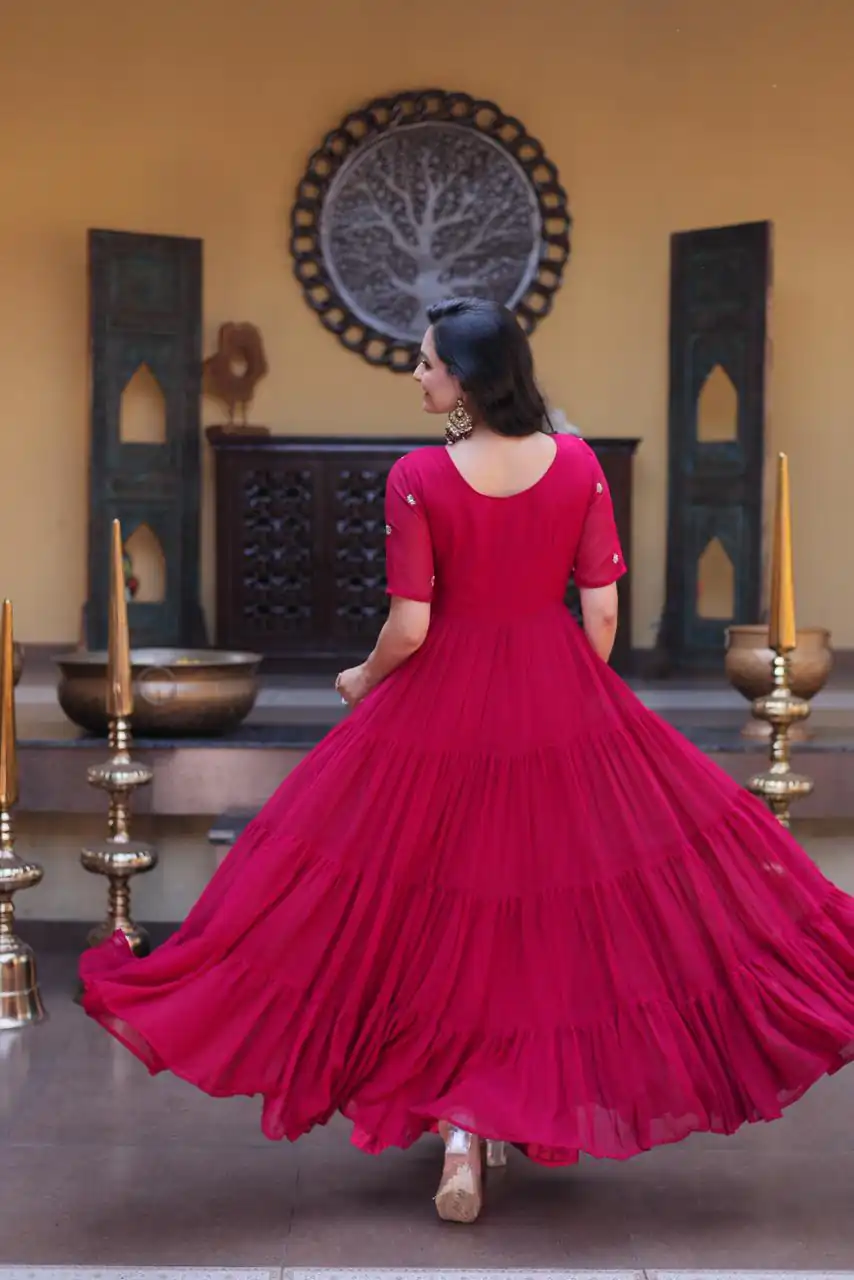 KA 1255 Pink Faux Blooming Gown with Embroidery Work & Zari Work. Available at ₹1719 only. Delivery 4-6 Working Days. Shop now. | Bollywood Gowns, Creative Gowns, Designer Gowns, Embroidered Gowns, Gowns, Party Wear Gowns