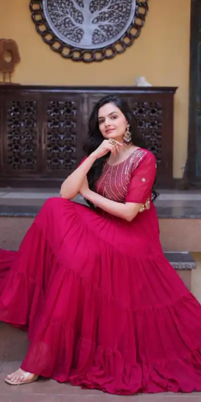 KA 1255 Pink Faux Blooming Gown with Embroidery Work & Zari Work. Available at ₹1719 only. Delivery 4-6 Working Days. Shop now. | Bollywood Gowns, Creative Gowns, Designer Gowns, Embroidered Gowns, Gowns, Party Wear Gowns