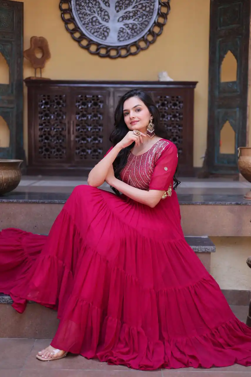 KA 1255 Pink Faux Blooming Gown with Embroidery Work & Zari Work. Available at ₹1719 only. Delivery 4-6 Working Days. Shop now. | Bollywood Gowns, Creative Gowns, Designer Gowns, Embroidered Gowns, Gowns, Party Wear Gowns