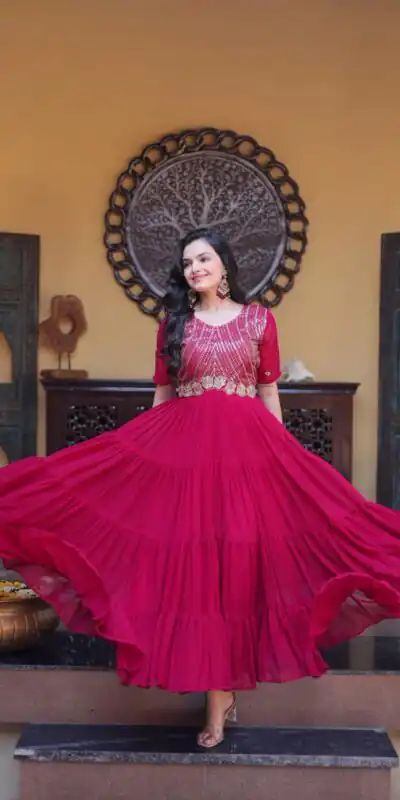 KA 1255 Pink Faux Blooming Gown with Embroidery Work & Zari Work. Available at ₹1719 only. Delivery 4-6 Working Days. Shop now. | Bollywood Gowns, Creative Gowns, Designer Gowns, Embroidered Gowns, Gowns, Party Wear Gowns