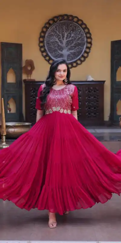 KA 1255 Pink Faux Blooming Gown with Embroidery Work & Zari Work. Available at ₹1719 only. Delivery 4-6 Working Days. Shop now. | Bollywood Gowns, Creative Gowns, Designer Gowns, Embroidered Gowns, Gowns, Party Wear Gowns