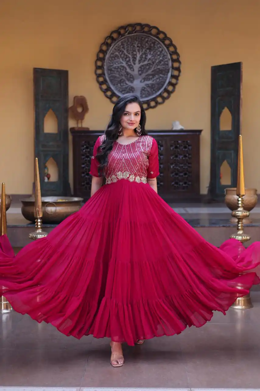 KA 1255 Pink Faux Blooming Gown with Embroidery Work & Zari Work. Available at ₹1719 only. Delivery 4-6 Working Days. Shop now. | Bollywood Gowns, Creative Gowns, Designer Gowns, Embroidered Gowns, Gowns, Party Wear Gowns
