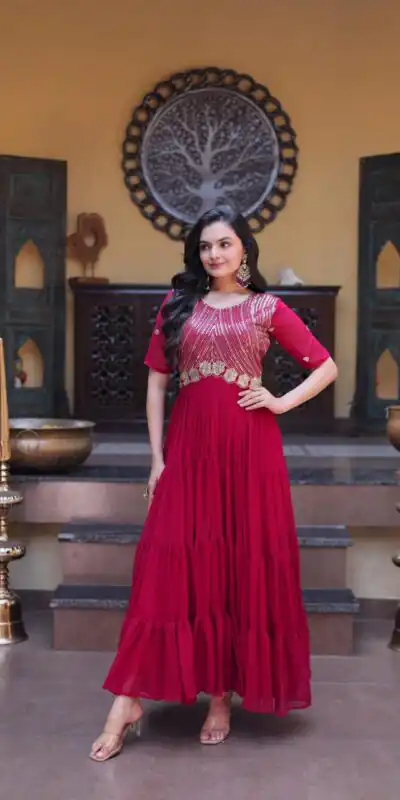 KA 1255 Pink Faux Blooming Gown with Embroidery Work & Zari Work. Available at ₹1719 only. Delivery 4-6 Working Days. Shop now. | Bollywood Gowns, Creative Gowns, Designer Gowns, Embroidered Gowns, Gowns, Party Wear Gowns