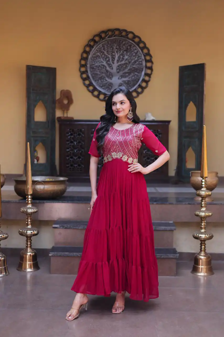 KA 1255 Pink Faux Blooming Gown with Embroidery Work & Zari Work. Available at ₹1719 only. Delivery 4-6 Working Days. Shop now. | Bollywood Gowns, Creative Gowns, Designer Gowns, Embroidered Gowns, Gowns, Party Wear Gowns