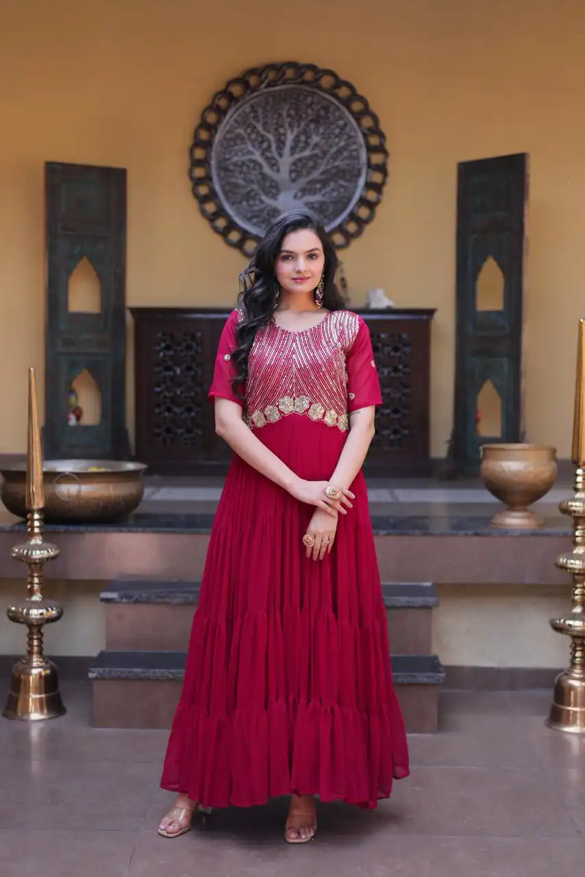 KA 1255 Pink Faux Blooming Gown with Embroidery Work & Zari Work. Available at ₹1719 only. Delivery 4-6 Working Days. Shop now. | Bollywood Gowns, Creative Gowns, Designer Gowns, Embroidered Gowns, Gowns, Party Wear Gowns