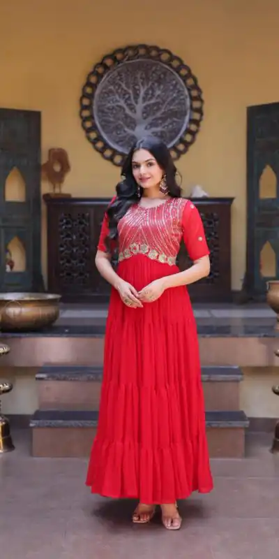 KA 1255 Red Faux Blooming Gown with Embroidery Work & Zari Work. Available at ₹1719 only. Delivery 4-6 Working Days. Shop now. | Bollywood Gowns, Creative Gowns, Designer Gowns, Embroidered Gowns, Gowns, Party Wear Gowns