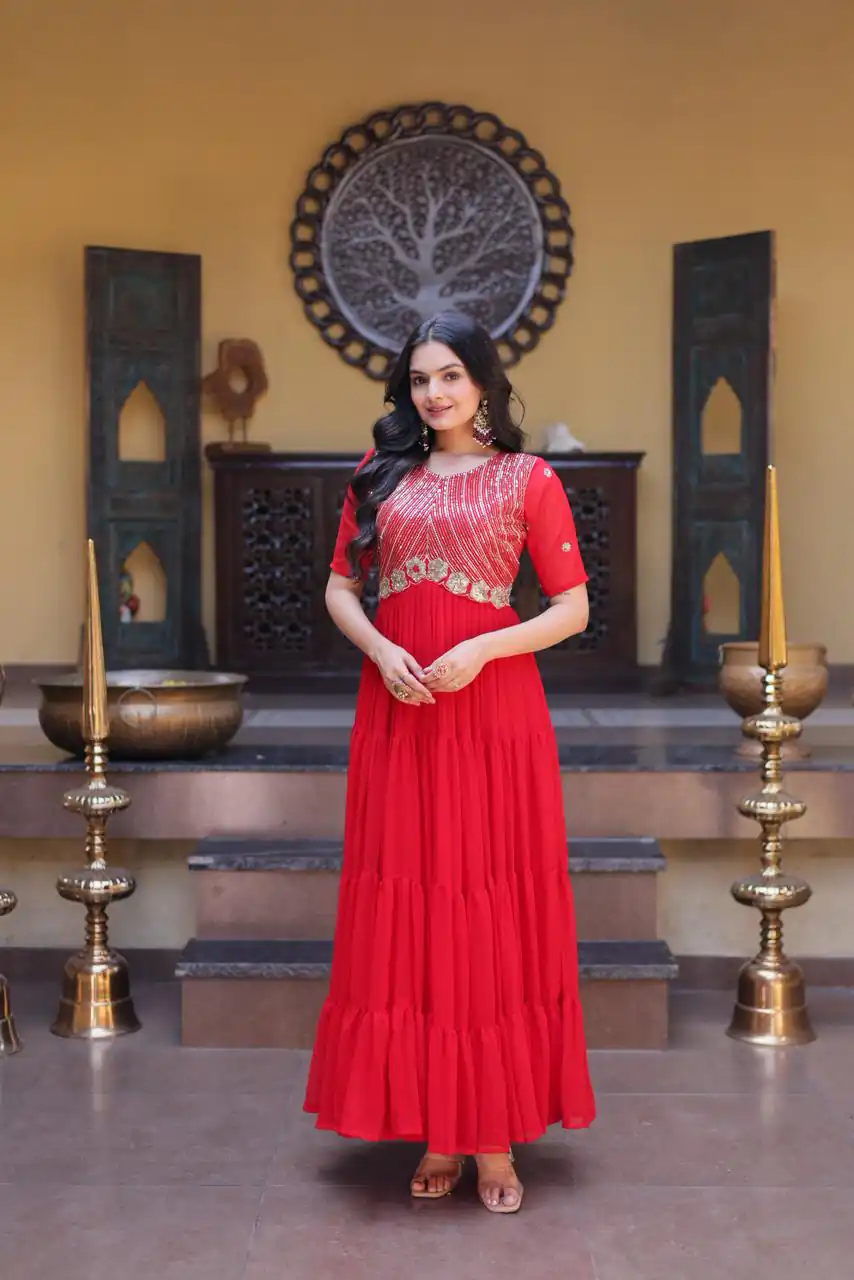 KA 1255 Red Faux Blooming Gown with Embroidery Work & Zari Work. Available at ₹1719 only. Delivery 4-6 Working Days. Shop now. | Bollywood Gowns, Creative Gowns, Designer Gowns, Embroidered Gowns, Gowns, Party Wear Gowns