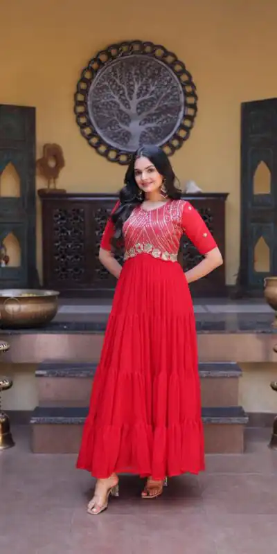 KA 1255 Red Faux Blooming Gown with Embroidery Work & Zari Work. Available at ₹1719 only. Delivery 4-6 Working Days. Shop now. | Bollywood Gowns, Creative Gowns, Designer Gowns, Embroidered Gowns, Gowns, Party Wear Gowns