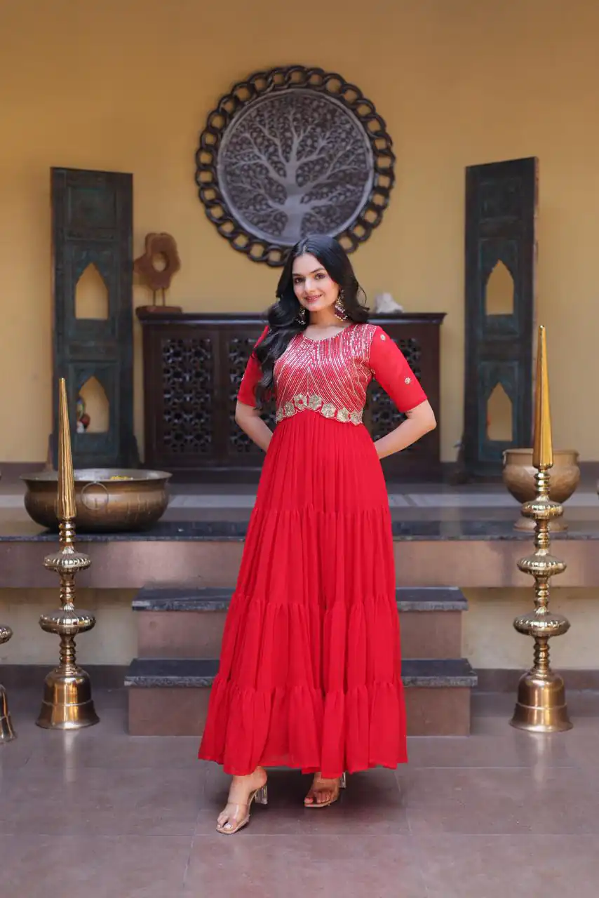 KA 1255 Red Faux Blooming Gown with Embroidery Work & Zari Work. Available at ₹1719 only. Delivery 4-6 Working Days. Shop now. | Bollywood Gowns, Creative Gowns, Designer Gowns, Embroidered Gowns, Gowns, Party Wear Gowns