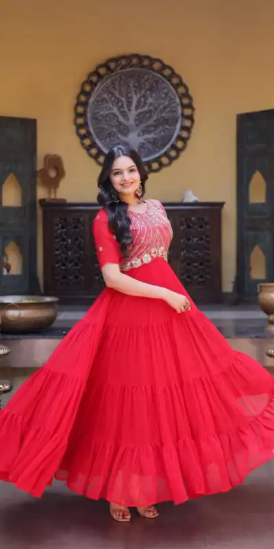 KA 1255 Red Faux Blooming Gown with Embroidery Work & Zari Work. Available at ₹1719 only. Delivery 4-6 Working Days. Shop now. | Bollywood Gowns, Creative Gowns, Designer Gowns, Embroidered Gowns, Gowns, Party Wear Gowns