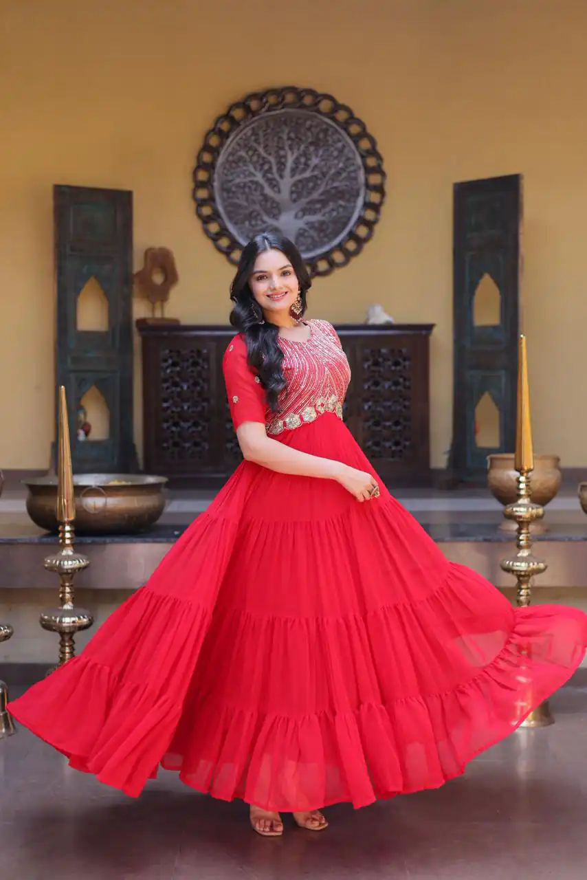KA 1255 Red Faux Blooming Gown with Embroidery Work & Zari Work. Available at ₹1719 only. Delivery 4-6 Working Days. Shop now. | Bollywood Gowns, Creative Gowns, Designer Gowns, Embroidered Gowns, Gowns, Party Wear Gowns