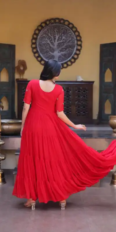 KA 1255 Red Faux Blooming Gown with Embroidery Work & Zari Work. Available at ₹1719 only. Delivery 4-6 Working Days. Shop now. | Bollywood Gowns, Creative Gowns, Designer Gowns, Embroidered Gowns, Gowns, Party Wear Gowns