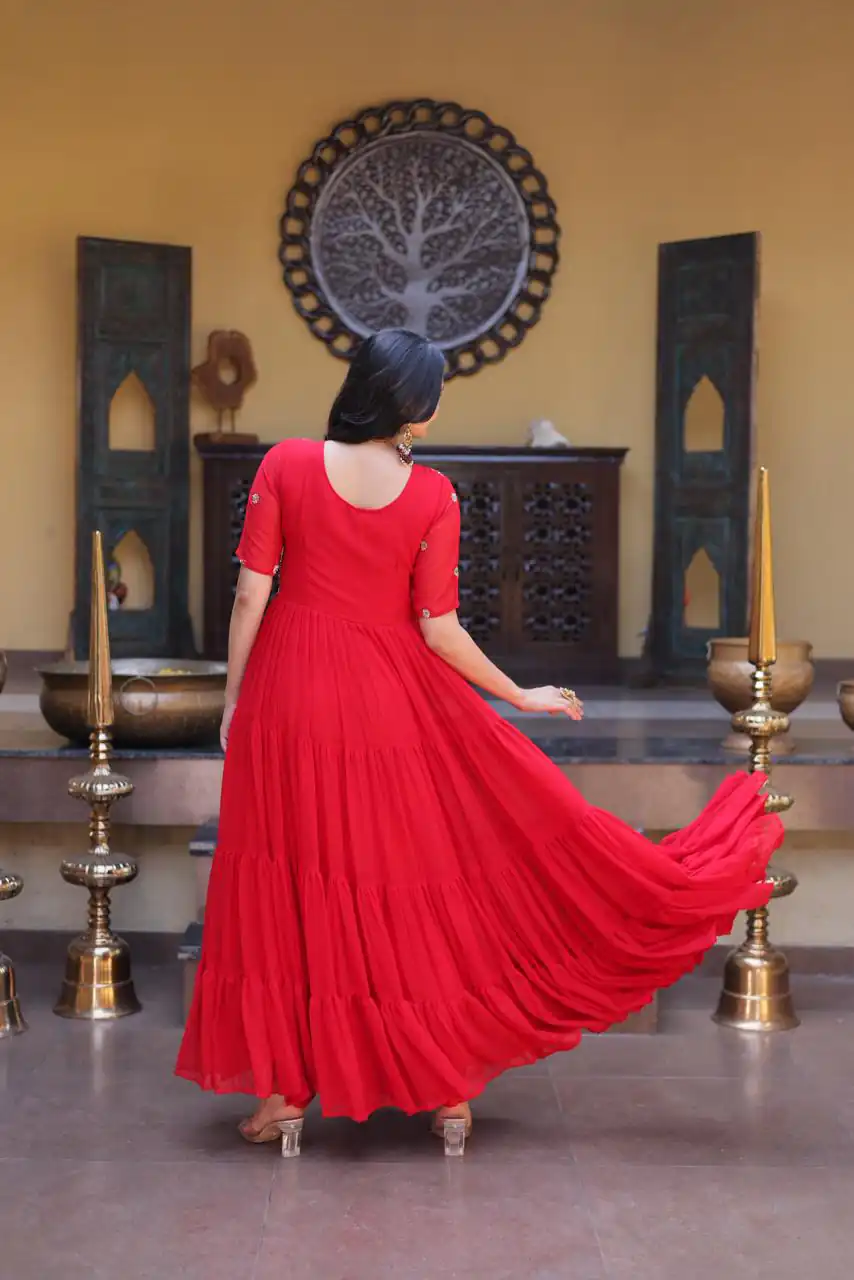 KA 1255 Red Faux Blooming Gown with Embroidery Work & Zari Work. Available at ₹1719 only. Delivery 4-6 Working Days. Shop now. | Bollywood Gowns, Creative Gowns, Designer Gowns, Embroidered Gowns, Gowns, Party Wear Gowns