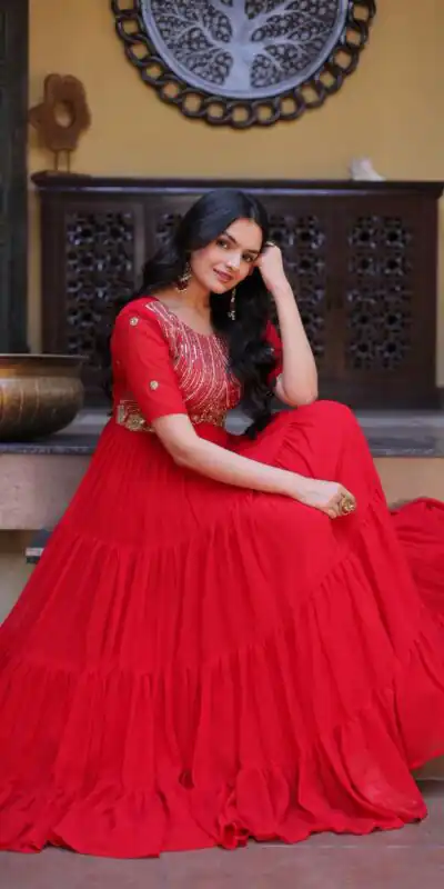 KA 1255 Red Faux Blooming Gown with Embroidery Work & Zari Work. Available at ₹1719 only. Delivery 4-6 Working Days. Shop now. | Bollywood Gowns, Creative Gowns, Designer Gowns, Embroidered Gowns, Gowns, Party Wear Gowns