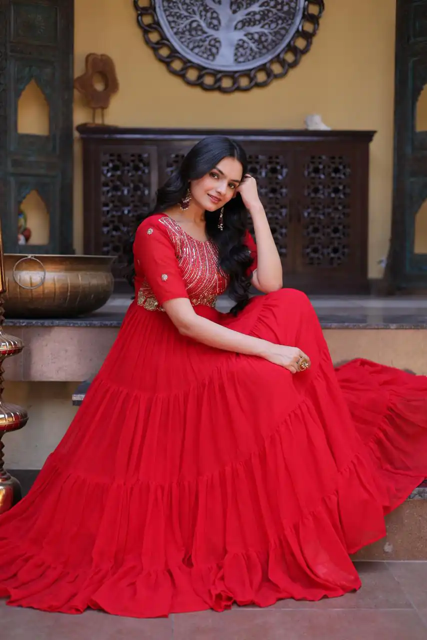 KA 1255 Red Faux Blooming Gown with Embroidery Work & Zari Work. Available at ₹1719 only. Delivery 4-6 Working Days. Shop now. | Bollywood Gowns, Creative Gowns, Designer Gowns, Embroidered Gowns, Gowns, Party Wear Gowns