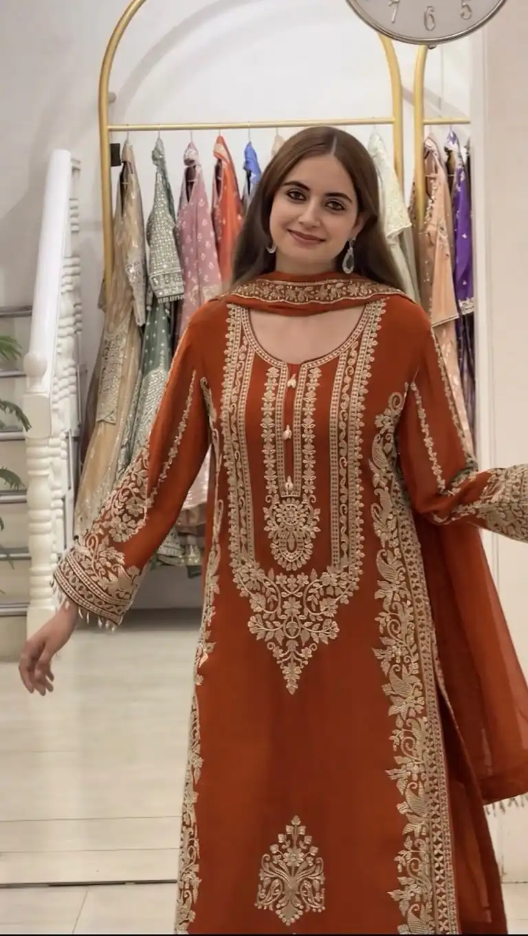 SR 1716 Rust Colour Faux Georgette Salwar Suit with Lace Work. Introductory Price ₹2449. Delivery 4-6 Working Days. Shop now. | Casual Suits, Jump Suits, Creative suits, Designer Suits, Palazzo Suits, Party Wear Suits, Patiala Suits, Salwar suit, Straight Suits