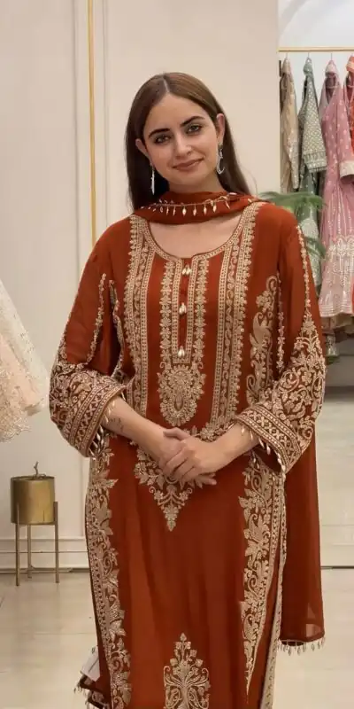 SR 1716 Rust Colour Faux Georgette Salwar Suit with Lace Work. Introductory Price ₹2449. Delivery 4-6 Working Days. Shop now. | Casual Suits, Jump Suits, Creative suits, Designer Suits, Palazzo Suits, Party Wear Suits, Patiala Suits, Salwar suit, Straight Suits