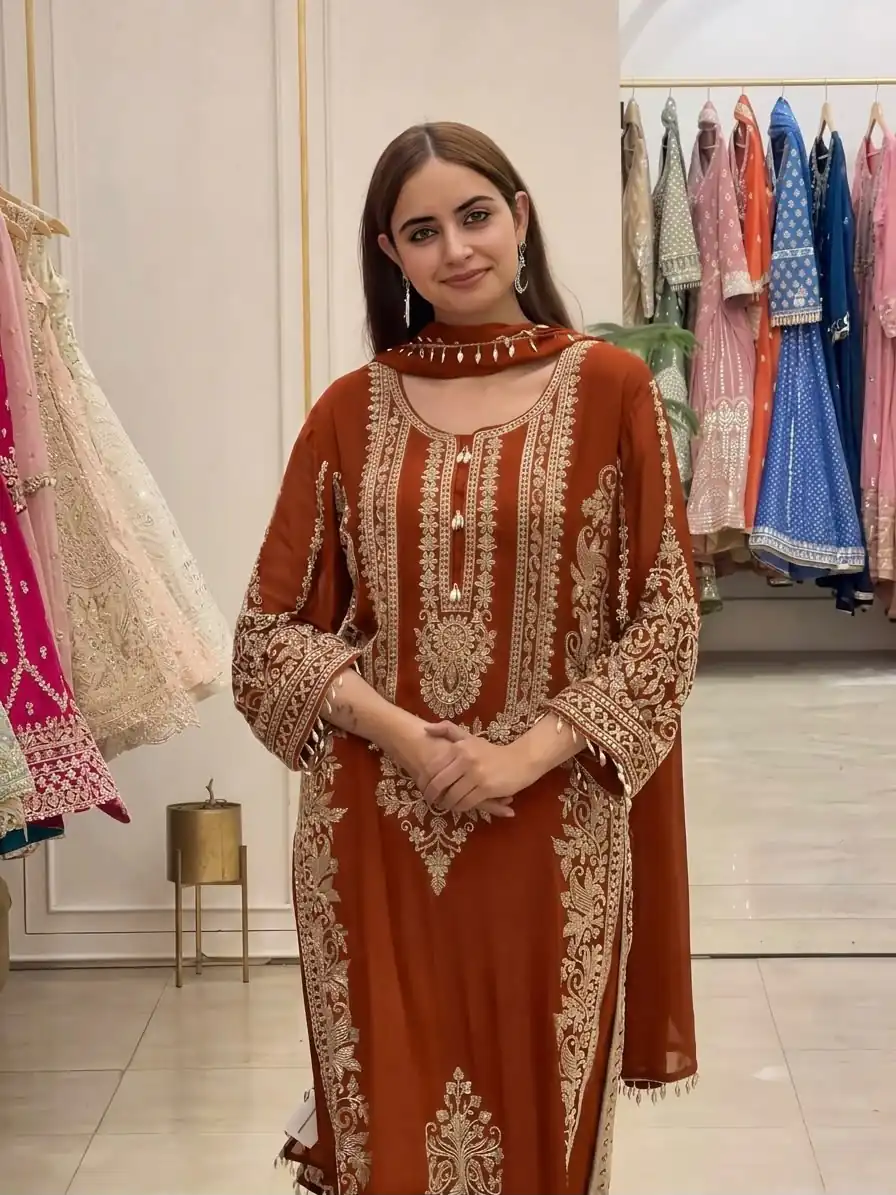 SR 1716 Rust Colour Faux Georgette Salwar Suit with Lace Work. Introductory Price ₹2449. Delivery 4-6 Working Days. Shop now. | Casual Suits, Jump Suits, Creative suits, Designer Suits, Palazzo Suits, Party Wear Suits, Patiala Suits, Salwar suit, Straight Suits