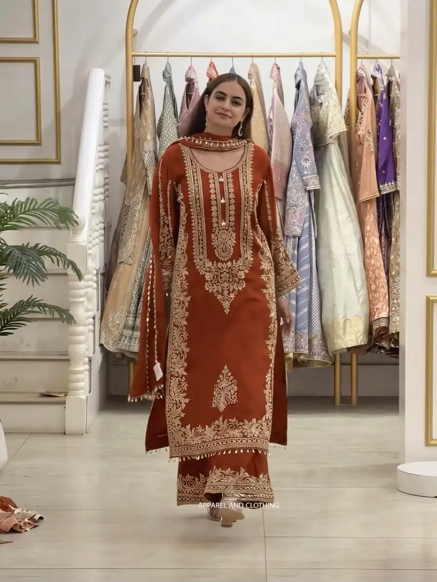 SR 1716 Rust Colour Faux Georgette Salwar Suit with Lace Work. Introductory Price ₹2449. Delivery 4-6 Working Days. Shop now. | Casual Suits, Jump Suits, Creative suits, Designer Suits, Palazzo Suits, Party Wear Suits, Patiala Suits, Salwar suit, Straight Suits