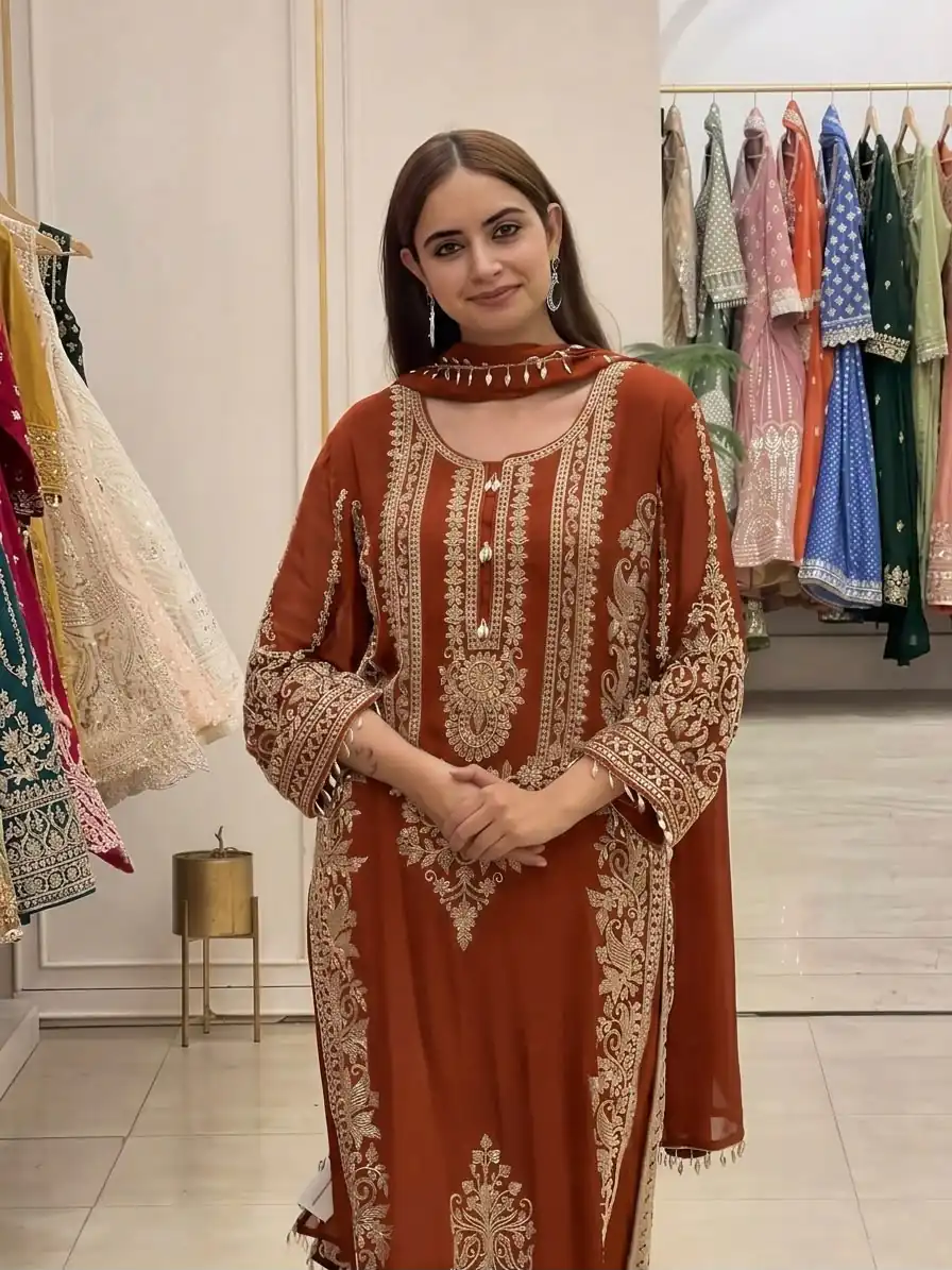 SR 1716 Rust Colour Faux Georgette Salwar Suit with Lace Work. Introductory Price ₹2449. Delivery 4-6 Working Days. Shop now. | Casual Suits, Jump Suits, Creative suits, Designer Suits, Palazzo Suits, Party Wear Suits, Patiala Suits, Salwar suit, Straight Suits