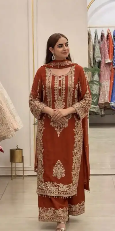 SR 1716 Rust Colour Faux Georgette Salwar Suit with Lace Work. Introductory Price ₹2449. Delivery 4-6 Working Days. Shop now. | Casual Suits, Jump Suits, Creative suits, Designer Suits, Palazzo Suits, Party Wear Suits, Patiala Suits, Salwar suit, Straight Suits