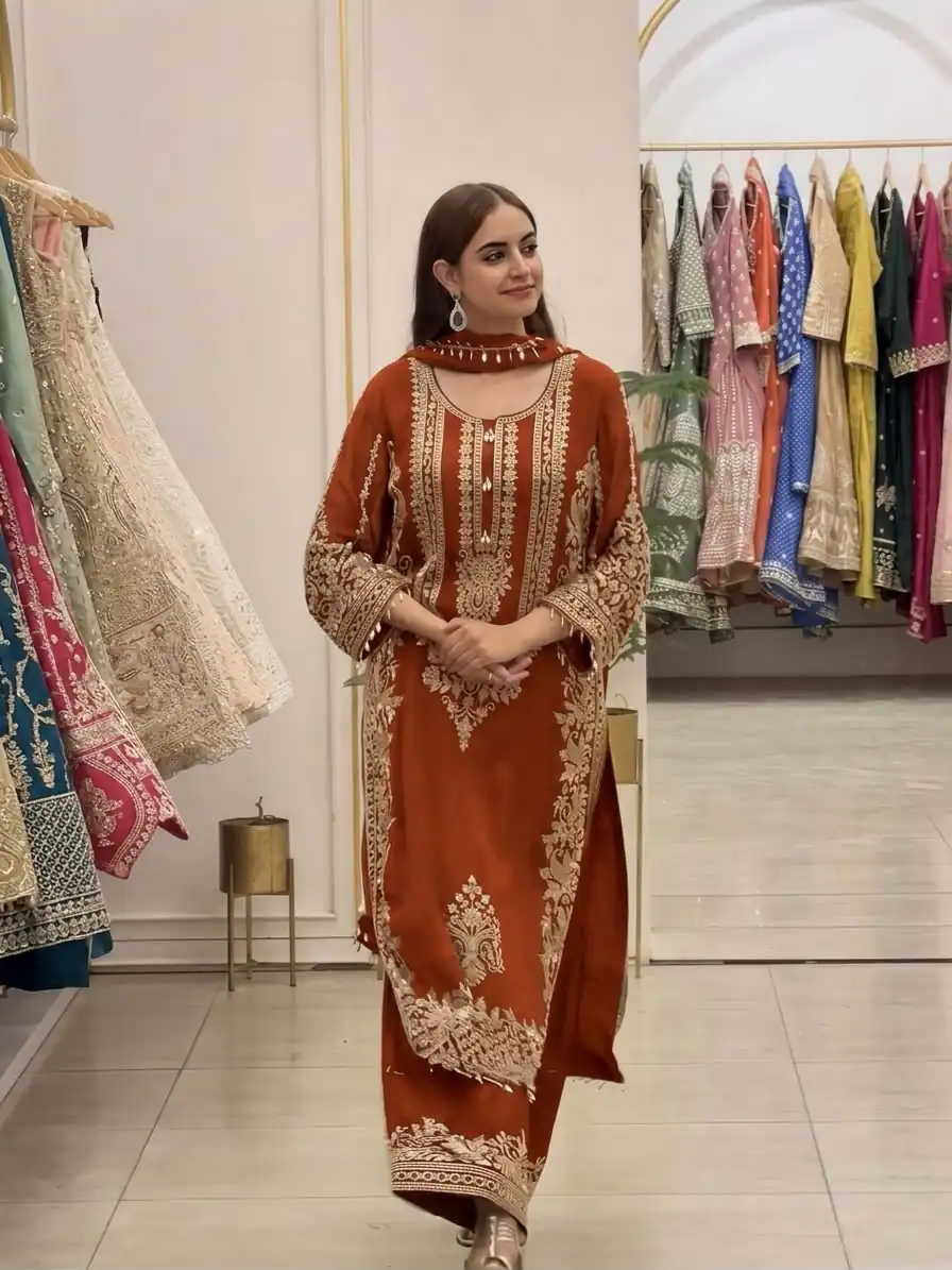 SR 1716 Rust Colour Faux Georgette Salwar Suit with Lace Work. Introductory Price ₹2449. Delivery 4-6 Working Days. Shop now. | Casual Suits, Jump Suits, Creative suits, Designer Suits, Palazzo Suits, Party Wear Suits, Patiala Suits, Salwar suit, Straight Suits